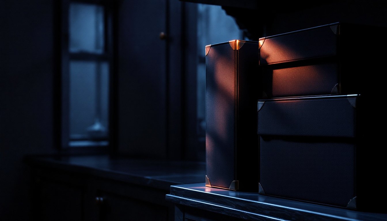 A stack of dark cloth-bound archive boxes with brass corners on a dark shelf, one warm light on the brass.