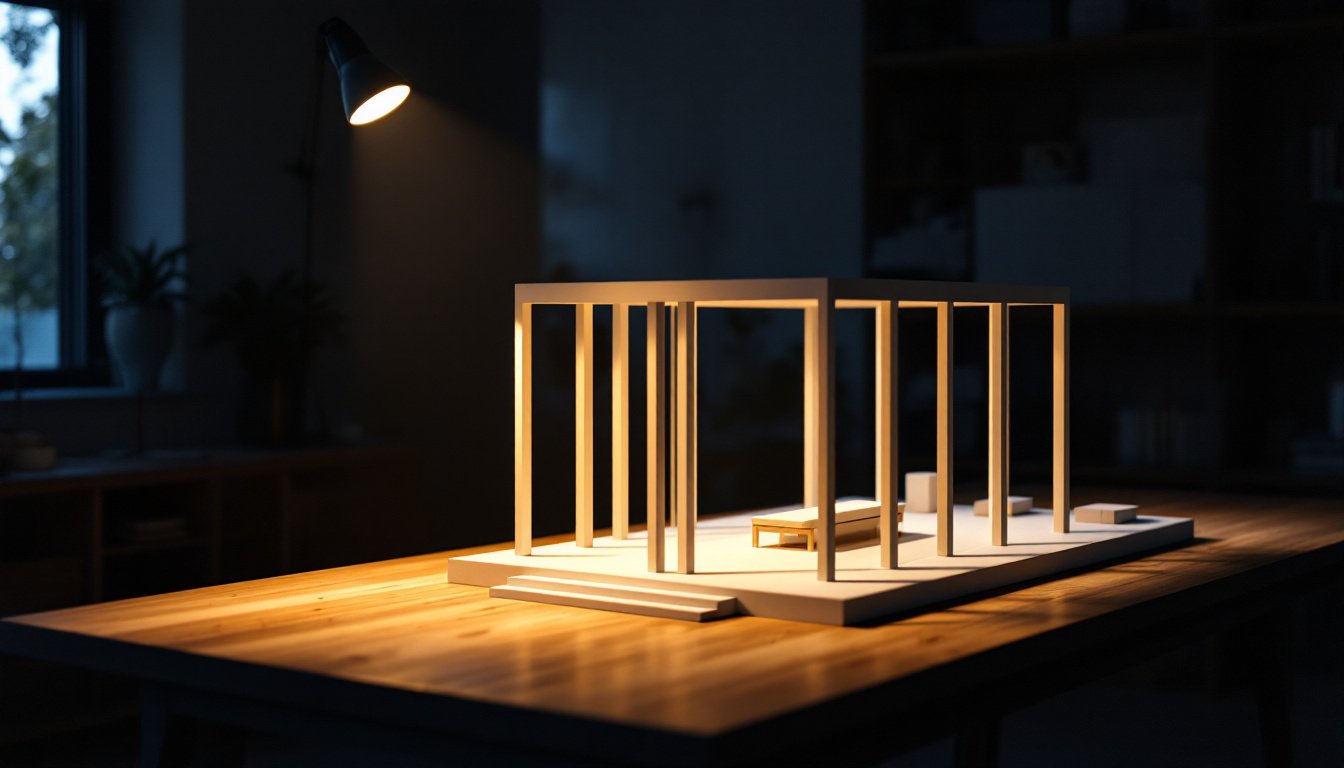 An architect's white scale model of an open pavilion on a dark table under a single amber spotlight.