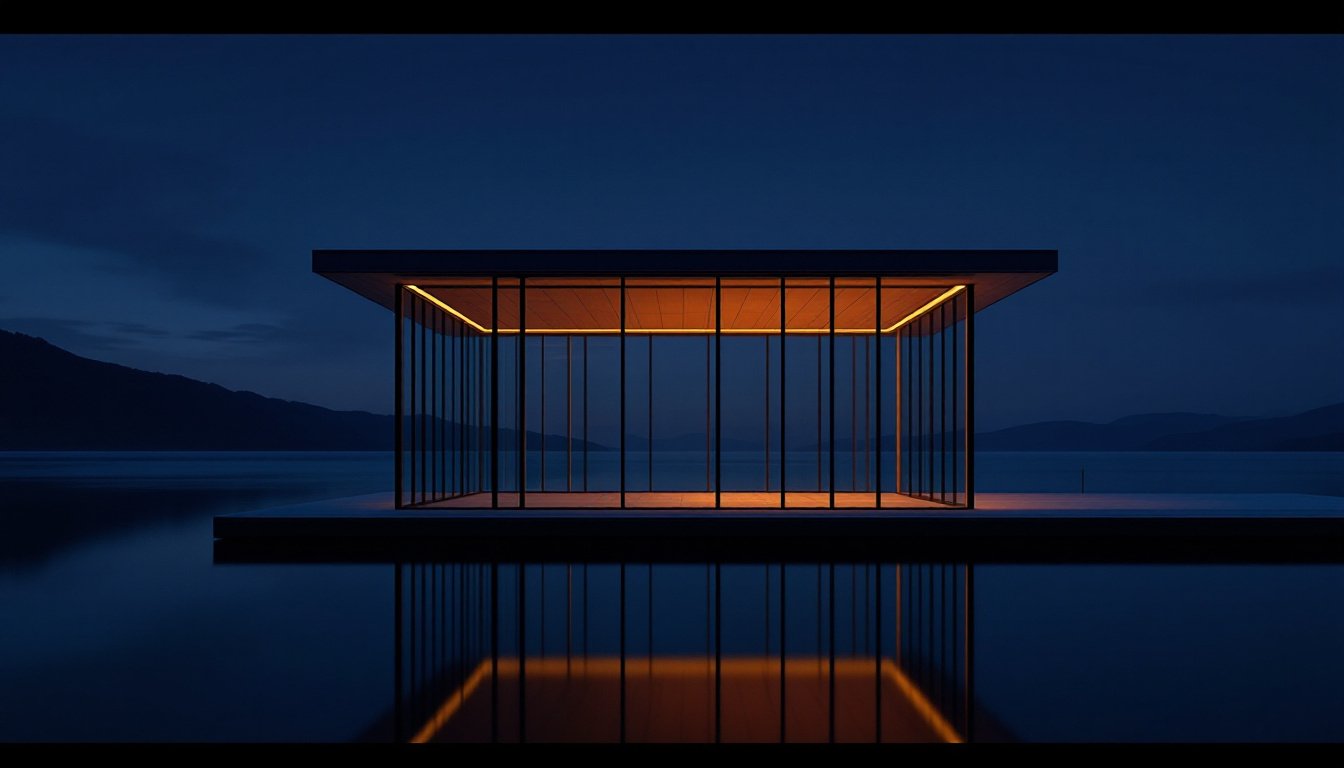 A glass-and-steel pavilion at blue hour on a still lake, one warm light glowing inside.