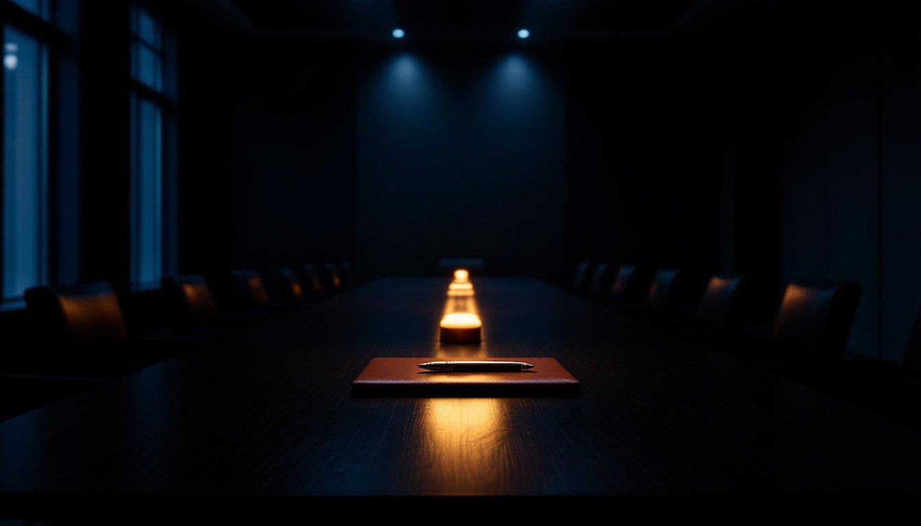 A long dark boardroom table at night with a single leather portfolio and a brass pen under one warm lamp.