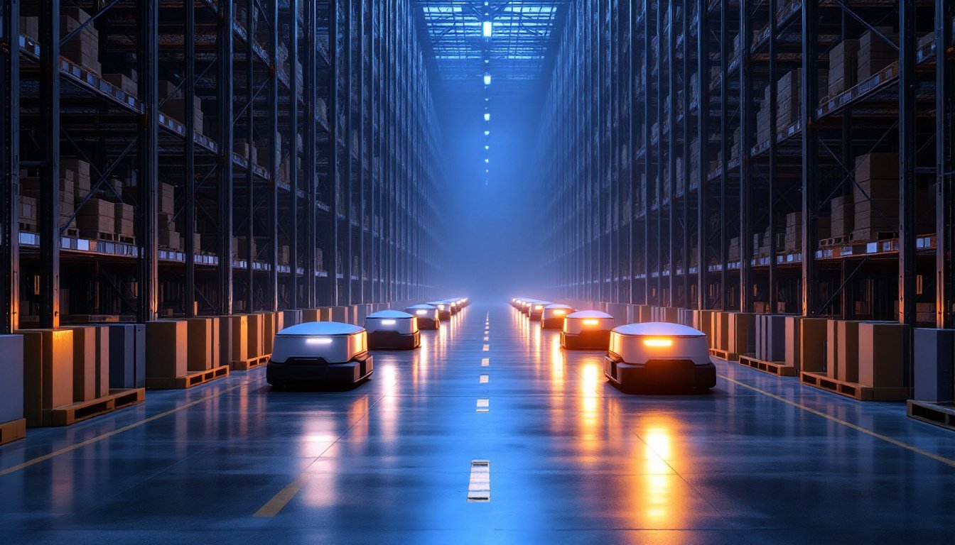 A robotics warehouse at blue hour: rows of low autonomous robots parked at charging docks along a long aisle, one amber lamp glowing.